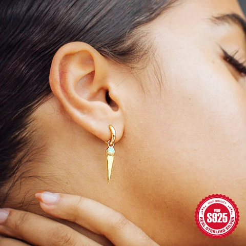925 Sterling Silver Hoop Earrings With Opal Zircon Charm Asymmetric Moon Star Spike Dangle For Women Fashion Jewelry