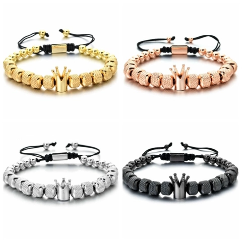 Retro Copper Crown Beaded Bracelet For Men Women Adjustable Braided Rope Bracelet Gold Silver Rose Gold Black Jewelry Gift