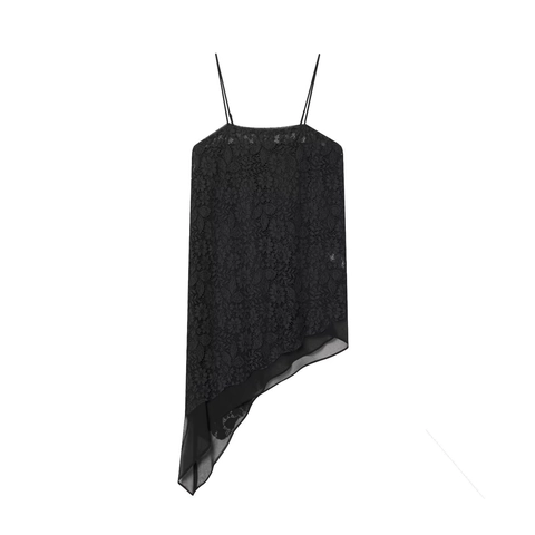 Schwarzes Spitze Camisole Mit Chiffon Asymmetrischem Saum Dünne Träger Sexy Street Style Tank Top Für Damen
