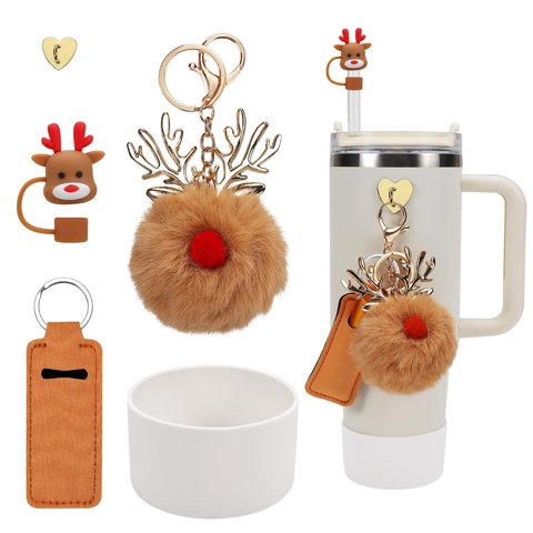 Holiday Theme Tumbler Accessory Silicone Cup Boot Straw Cover Plush Pompom Keychain Lip Balm Holder Decorative Ornament
