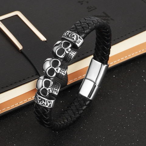 Pulsera Hombre Cuero Genuino Trenzado Y Acero Inoxidable Calavera Estilo Punk Con Cierre Magnético Joyería