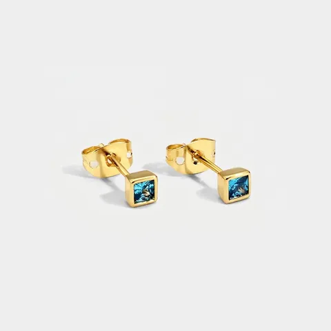 Geometric Square Blue Zirconia Stud Earrings For Women With 925 Sterling Silver Earring Post Gold Plated Brass Jewelry