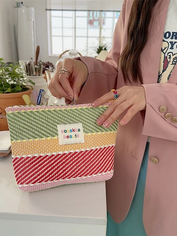 Bolsa De Maquillaje Tejida A Rayas Gran Capacidad Estuche Portátil De Almacenamiento Cosmético Colores Contraste Cremallera Moda