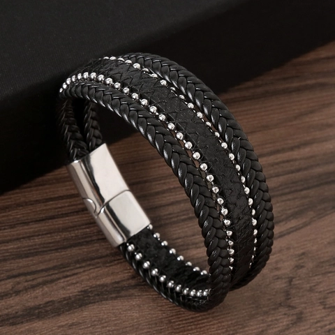 Bracciale In Pelle Intrecciata Multistrato Da Uomo Con Perline Di Rivetti In Acciaio Inossidabile Gioielli Fatti A Mano Stile Semplice