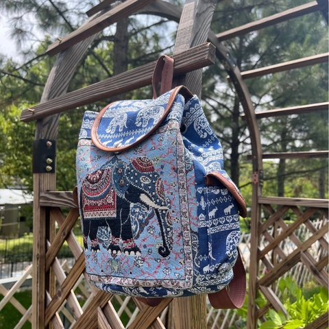 Etnische Rugzak Olifant Borduurwerk Canvas Dames Boho Stijl Trekkoord Reizen Casual School