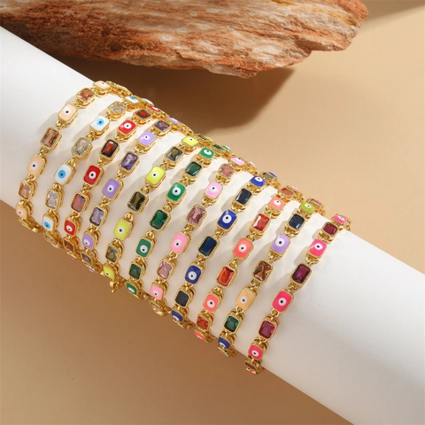 Braccialetto Vintage Malocchio in Rame Placcato Oro 14K Zirconia Rettangolare Smalto Catena Regolabile Gioielli Donna Regalo