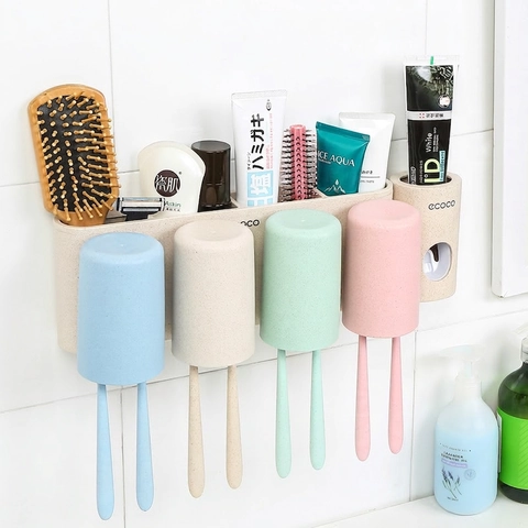 Wall Mounted Toothbrush Holder Automatic Toothpaste Dispenser Wheat Straw Fiber Bathroom Storage Rack Magnetic Cups