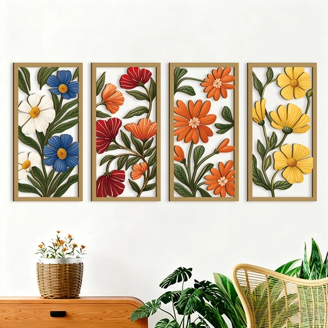 Bohemian Wooden Floral Wall Decor Panels Hollow Relief Poplar Wood Hanging Art For Living Room Bedroom Office Entrance