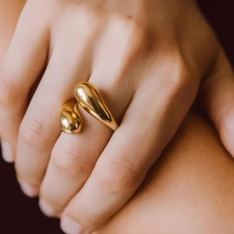 Irregular Water Drop Open Adjustable Ring 316L Stainless Steel Wrapped Twisted Design Minimalist Polished Jewelry