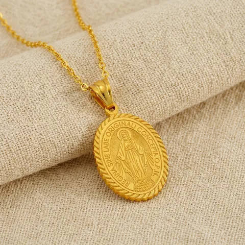 Collar Colgante Medalla Milagrosa Acero Inoxidable Chapado En Oro 18K Religioso Virgen María Ovalado Joyería Mujeres Hombres