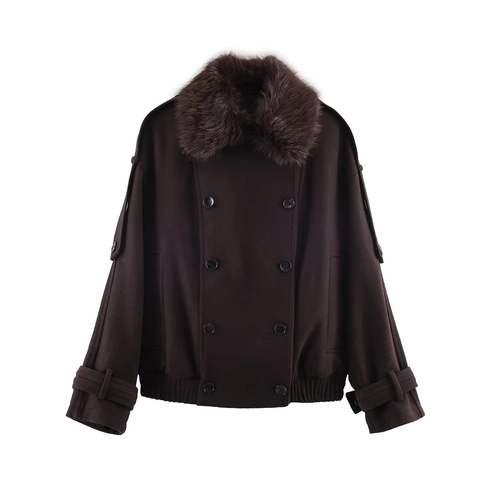 Veste Courte En Laine Pour Femmes Avec Col En Fausse Fourrure Double Boutonnage Marron Café Style Aviateur Manteau