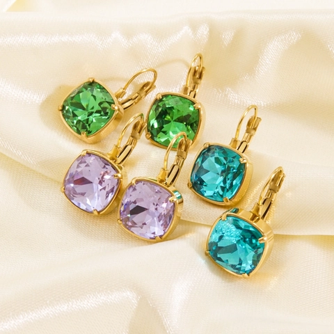 Leverback Earrings Stainless Steel Square Cushion Cut Zircon Luxury 14K Gold Plated Colorful Jewelry For Women