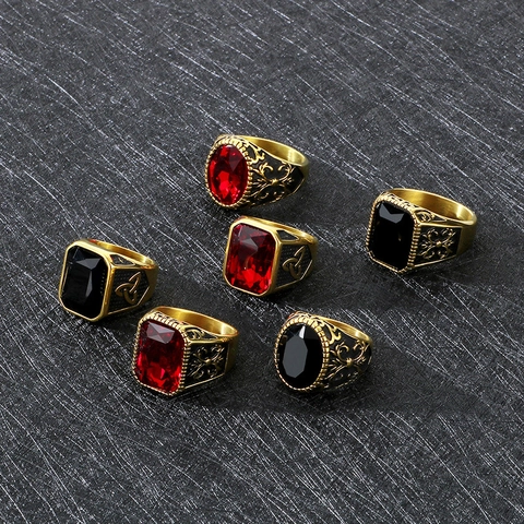 Men Vintage Stainless Steel Ring Artificial Gemstone Carved Signet Punk Gothic Hip Hop Jewelry Accessory