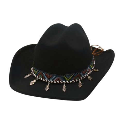 Western Cowboy Hat Ethnic Embroidered Band Silver Heart Pendants Polyester Felt Wide Brim Retro Bohemian For Men Women