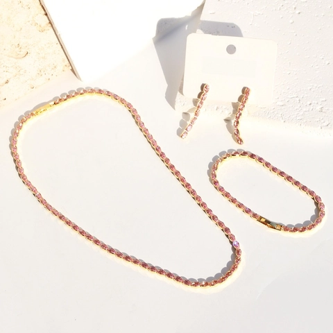 Bijoux Élégants En Zircon Rose Pour Femmes Cuivre Plaqué Or Pierre Ovale Collier Tennis Bracelet Et Boucles D'oreilles