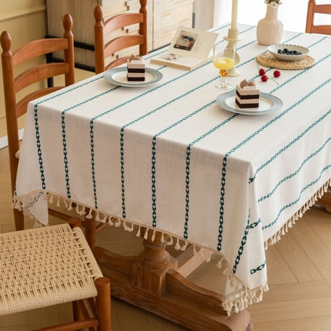 Vintage American Style Tablecloth Rectangular Polyester Cotton Embroidered Stripes With Tassels Farmhouse Decor Dustproof