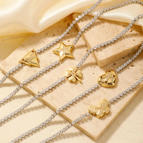 Hip Hop Mode Kupfer Gold Plattiert Tenniskette Halskette Mit Herz Stern Schmetterling Klee Dreieck Strass Anhänger Schmuck Für Damen