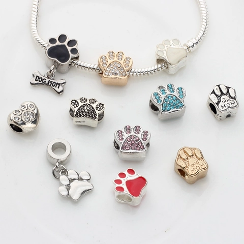 Animal Paw Print Beads Alloy Rhinestone Enamel Dog Mom Letter Charms For Necklace Bracelet DIY Jewelry Making