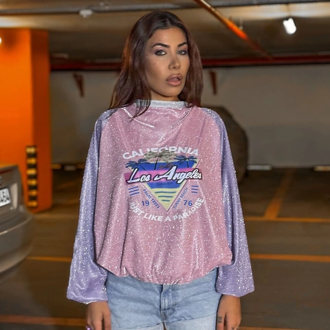 Dames Sweatshirt Color Block Glitter Glanzend Lange Mouwen Ronde Hals California Los Angeles Print Streetwear Top