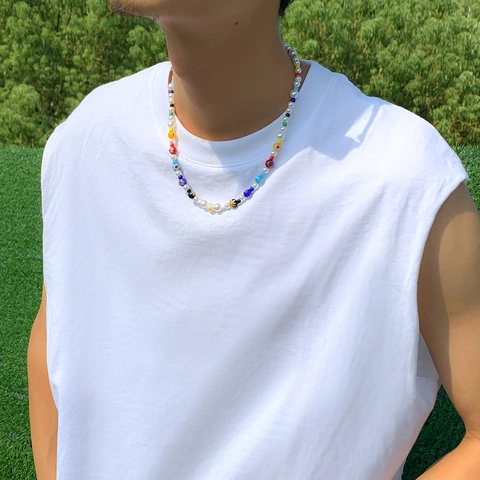 Colorful Flower Lampwork Beaded Necklace With Imitation Artificial Pearl Simple Niche Hip Hop Choker For Women Men