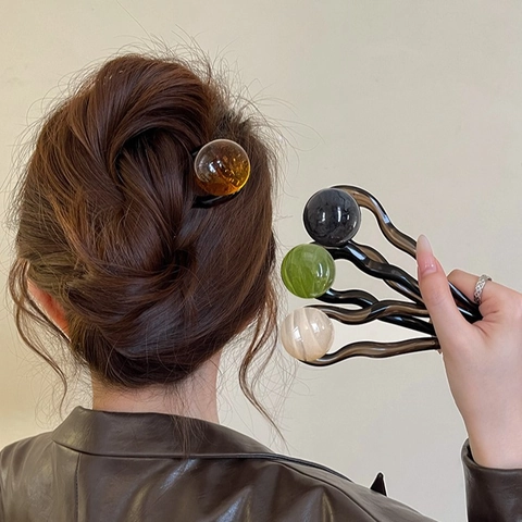 Retro Einfacher U-Förmiger Haarstab Mit Runder Harzperle Im Marmormuster Haargabel Für Damen Dutt-Styling