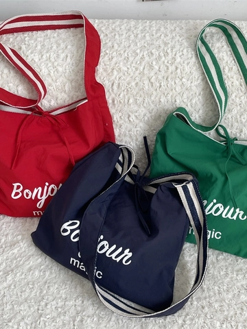 Striped Canvas Texture Polyester Tote Bag Large Capacity Casual Shoulder Bag With Bonjour Print And Tie Closure For Women