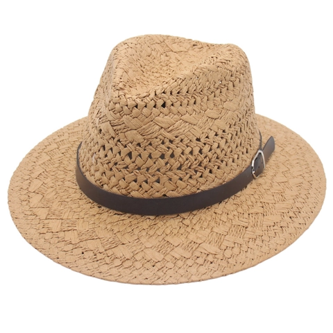 Classic Men Panama Straw Fedora Hat Hollow Woven Breathable Summer Beach Sun Protection Wide Flat Brim Vintage With Leather Belt