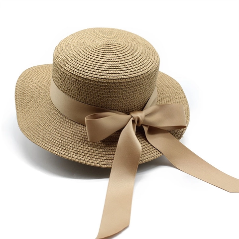 Chapeau De Paille Boater Pour Femmes Chapeau De Soleil Plat Élégant Style Français Avec Grand Noeud En Ruban De Satin