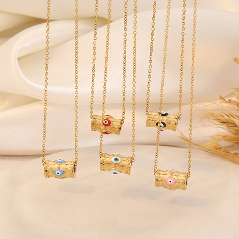 Vintage Stainless Steel Evil Eye Cylinder Pendant Necklace Gold Plated Enamel Eye Charm Necklace Jewelry For Women