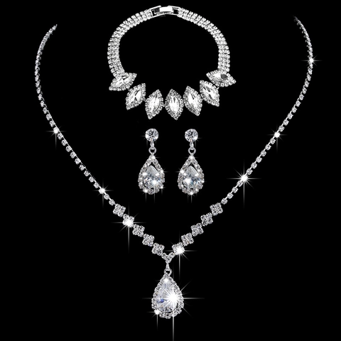 Collection Bijoux Goutte D'eau Cuivre Zircon Strass Mariée Mariage Élégant Collier Boucles D'oreilles Bracelet Bague Femme