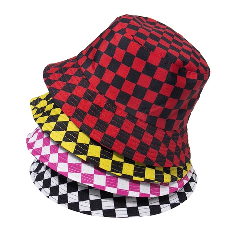 Cappello Da Pescatore A Scacchi Quadri Poliestere Moda Streetwear Protezione Solare Pieghevole