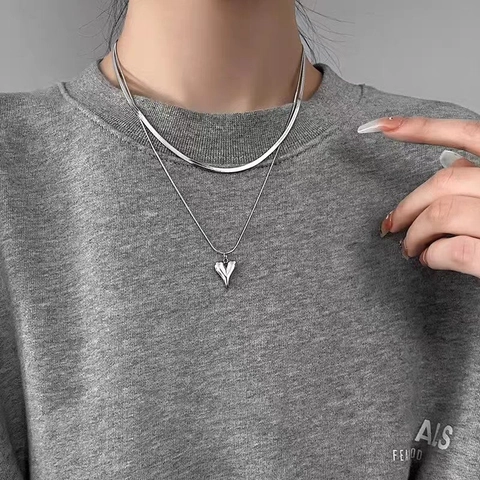 Stainless Steel Double Layer Heart Pendant Necklace And Heart Hoop Earrings Minimalist Elegant Jewelry For Women