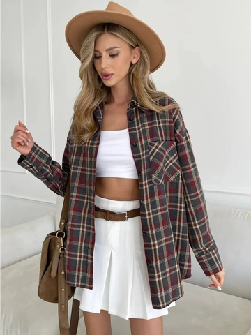 Women Retro Plaid Long Sleeve Shirt Loose Checked Blouse Polyester Cotton Blend Turn Down Collar Pocket Single Breasted Casual