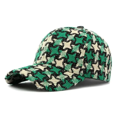 Houndstooth Pattern Knitted Baseball Cap Thick Warm Hard Top Retro Fashion Curved Brim Adjustable For Women Men