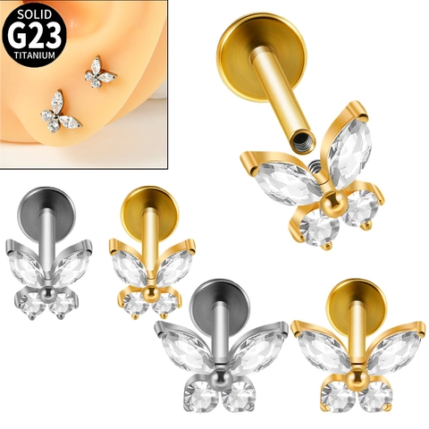 Gioiello Piercing Labret Farfalla Titanio G23 Con Zirconia Marquise Filettatura Interna Tragus Helix Orecchino
