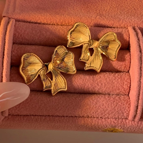 Bowknot Stud Earrings Stainless Steel Heart Detail Textured Elegant Vintage Gold Silver Plated Jewelry For Women