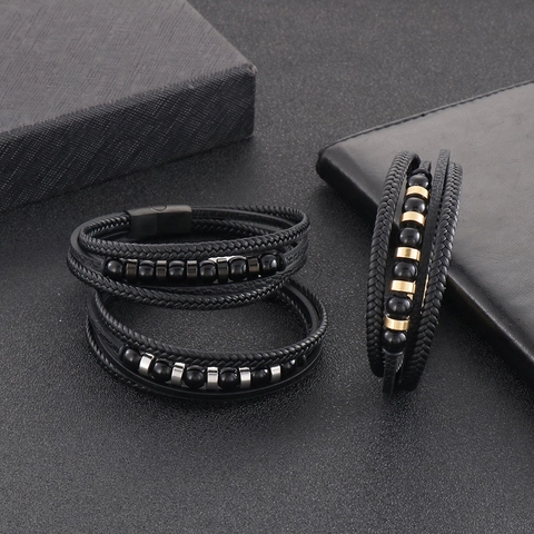 Bracciale Pelle Intrecciata Multistrato Uomo Acciaio Inossidabile Chiusura Magnetica Perline Punk Minimalista Moda Polso Accessorio