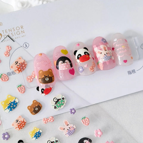 Ins Stil Ultradünne Selbstklebende Nagelkunst Aufkleber Süße Cartoon Tiere Mit Masken 3D Relief Rosa Süße DIY Maniküre Dekoration