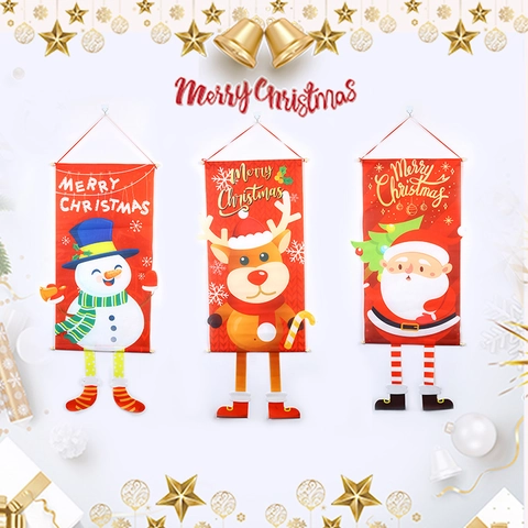 Banner Appeso Di Natale Poliestere Cartone Animato Babbo Natale Pupazzo Di Neve Renna Elfo Decorazione Parete Festiva