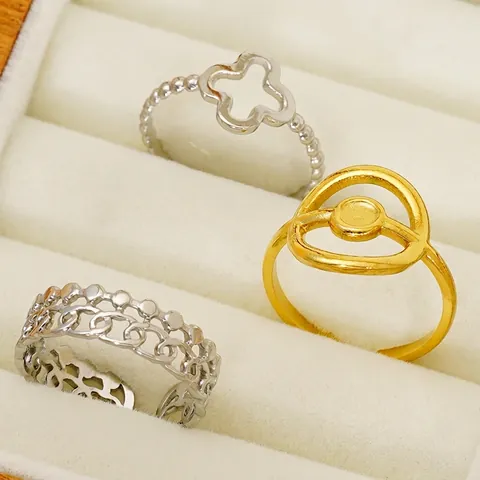 Open Ring Adjustable Stainless Steel 18K Gold Plated Hollow Clover Double Layer Geometric Fashion Jewelry For Women