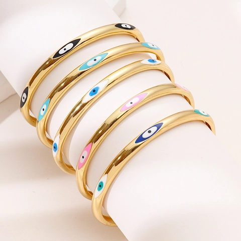 Evil Eye Bangle Gold Plated Copper Enamel C-Shaped Open Bracelet Trendy Minimalist Personalized Jewelry For Women