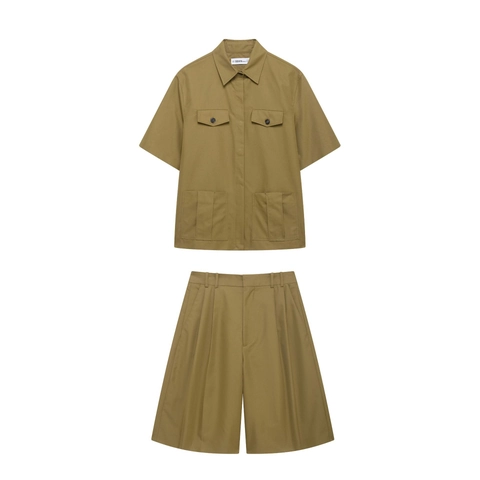 Dames Utility Stijl Khaki Shirt Met Korte Mouwen En Wijde Shorts Meerdere Zakken Effen Kleur Polyester Streetwear