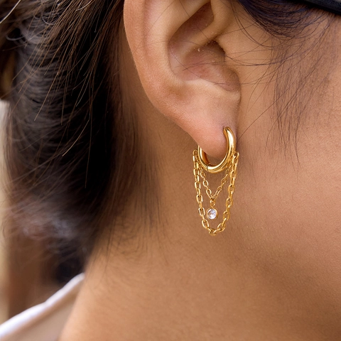 Orecchini a Cerchio con Catena di Strass in Acciaio Inossidabile per Donna Gioielli Geometrici Leggeri in Oro Argento