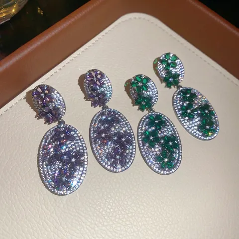 Orecchini Pendenti Ovali Con Fiore Zircone Pavé Rame Stile Vintage Di Lusso Per Donna Con Silver Earring Post