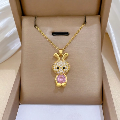 Sierlijke Konijn Hanger Ketting Met Roestvrijstalen Ketting En Koperen Strass Roze Edelsteen Cartoon Konijn Sieraden Voor Dames