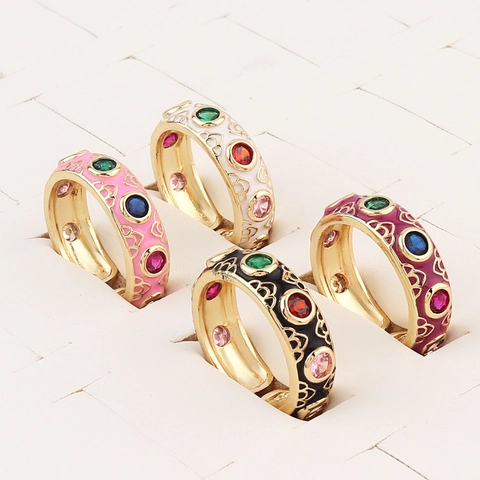 Vintage Böhmisch Offener Ring Kupfer Mit 18K Gold Vergoldet Bunte Emaille Und Mikro Pave Zirkonia Für Frauen