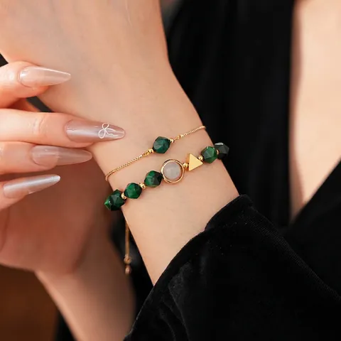 Green Faceted Tiger Eye Stone Beaded Bracelet And Adjustable Gold Chain Triangle Charm Geometric Jewelry For Women