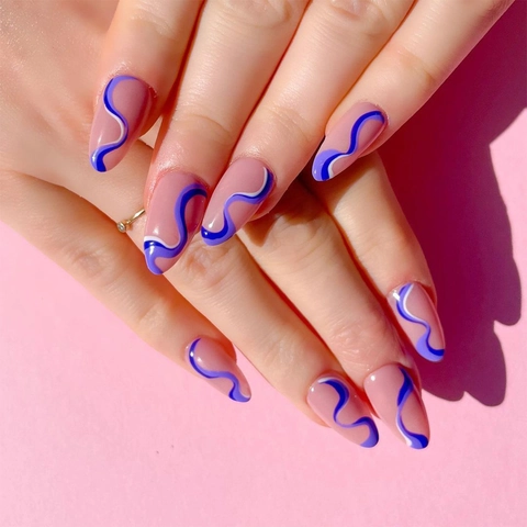 Unghie Finte A Pressione Mandorla Lucide Linee Ondulate Motivo A Vortice Unghie Artificiali Blocchi Di Colore Per Donne Manicure