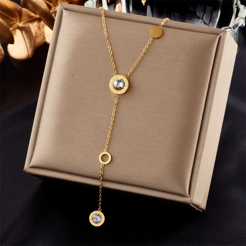 Minimalist Titanium Steel Y-Shaped Long Necklace Gold Tassel Roman Numerals Circular Pendant Rhinestone Lariat Chain Jewelry