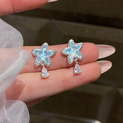 Stern Tropfen Ohrhänger Mit Blauem Harz Kristall Und Silbernem Ohrstecker Frischer Süßer Eleganter Schmuck Für Damen